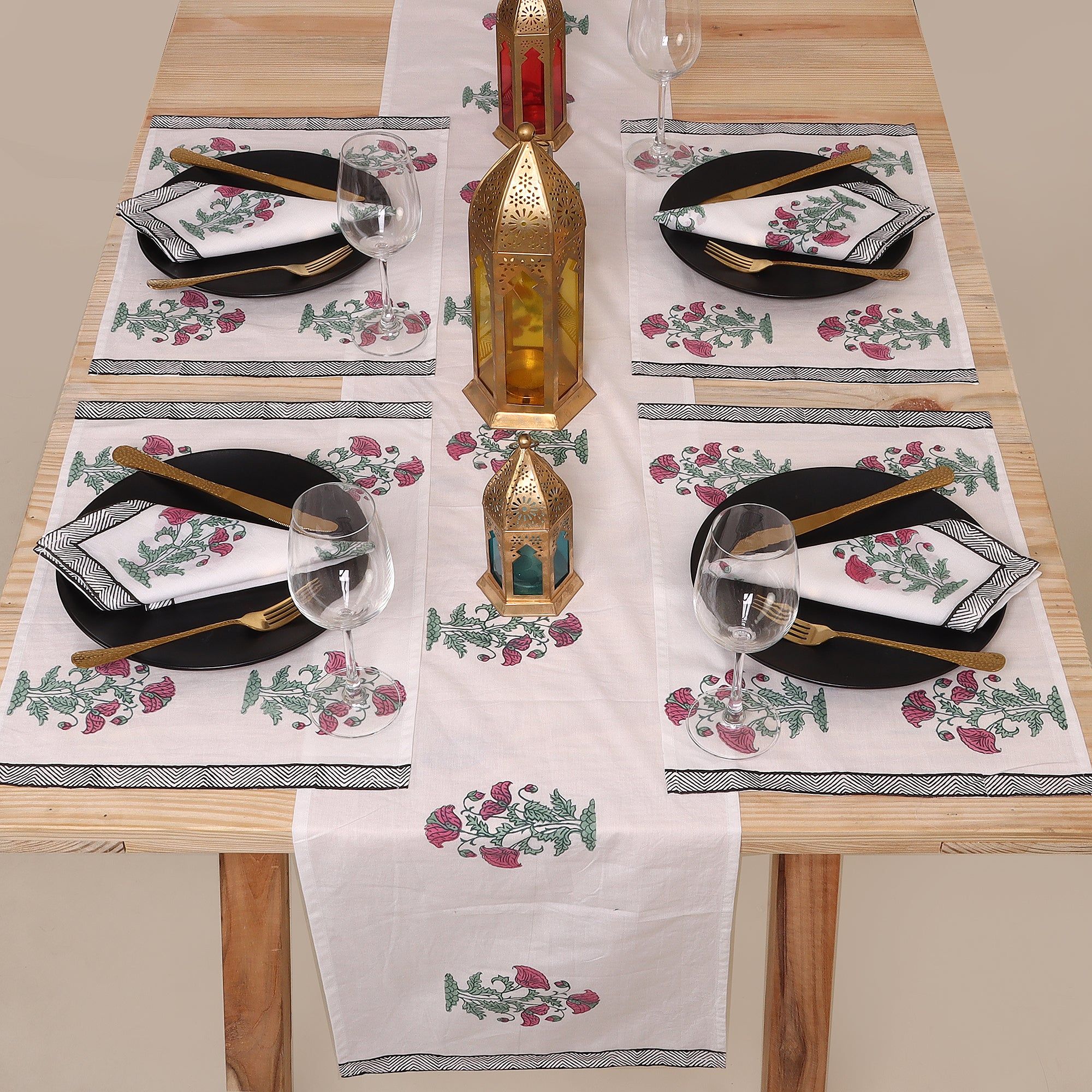 Hand Block Pink Floral Printed Cotton Coffee Table Runner